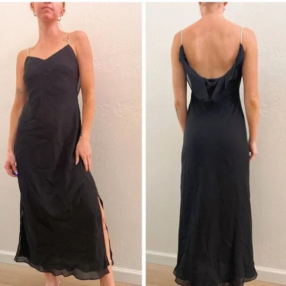 Vintage 1990s Black Chiffon Rhinestone Strap Low Back Midi Dress - Picture 3 of 7